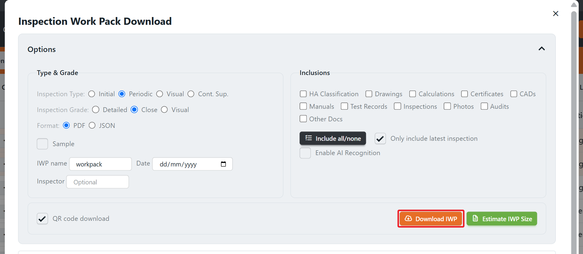 Inspection Work Pack Download dialog showing options, IWP name, and the highlighted Download IWP button