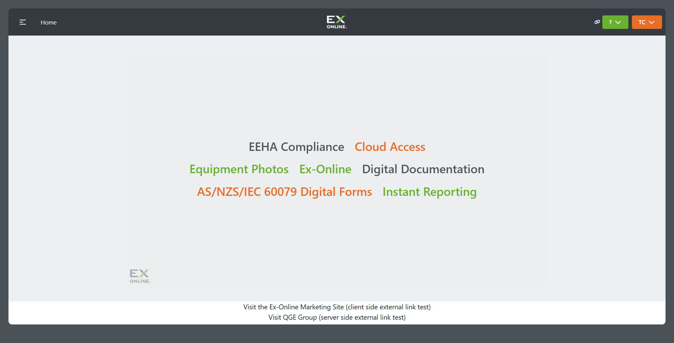 Ex-Online Home screen after successful sign-in