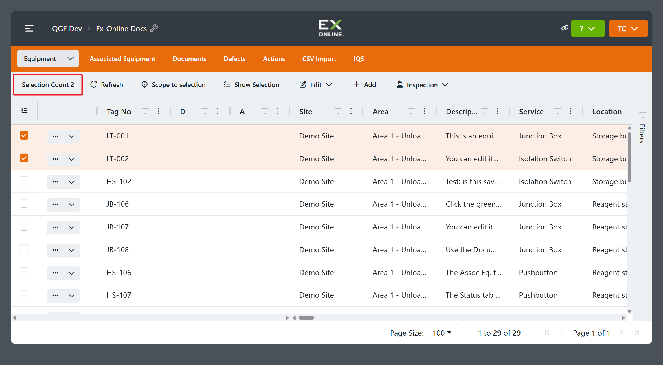 Equipment items selected — toolbar shows Selection Count