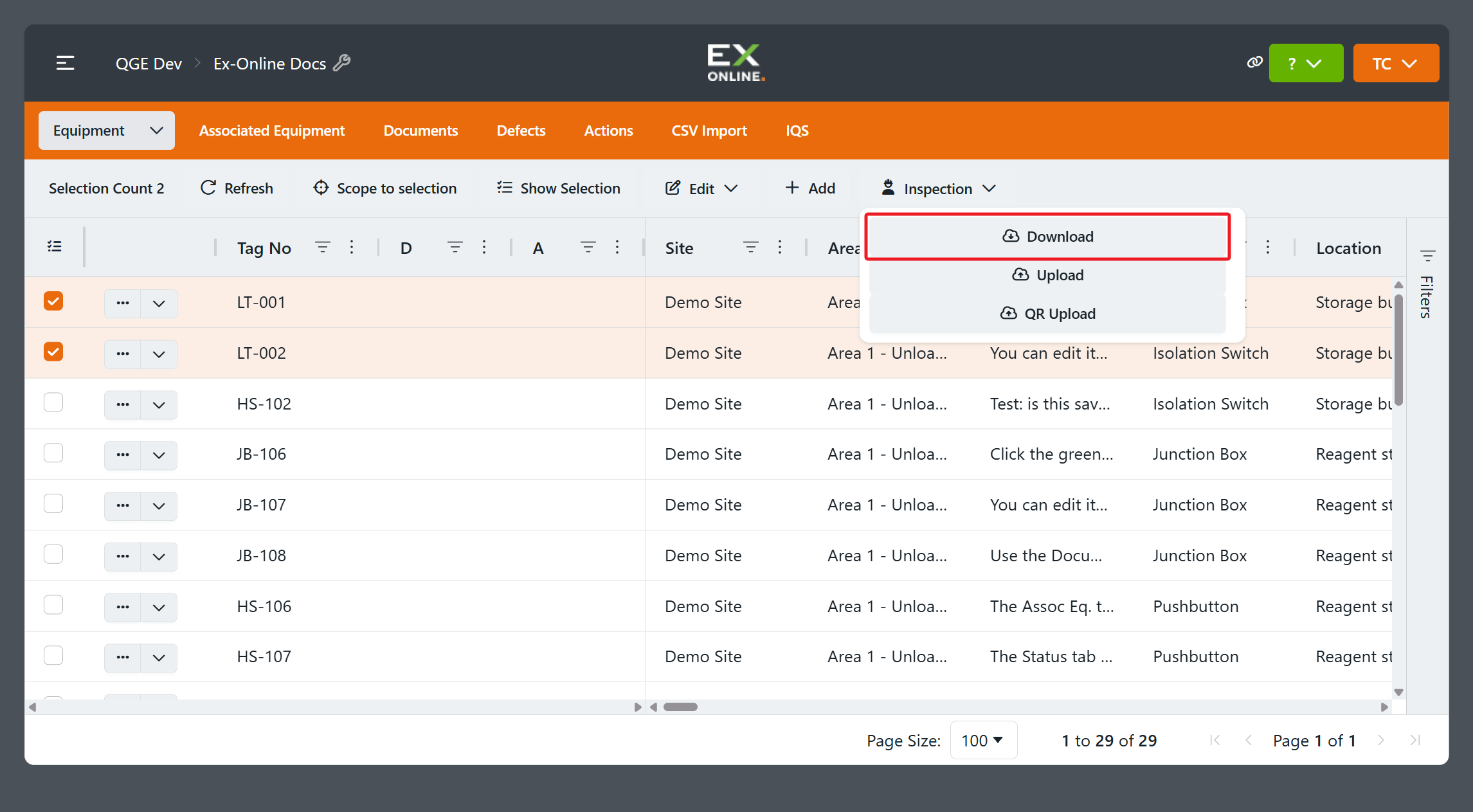 Two equipment rows selected and Download highlighted in the Inspection menu