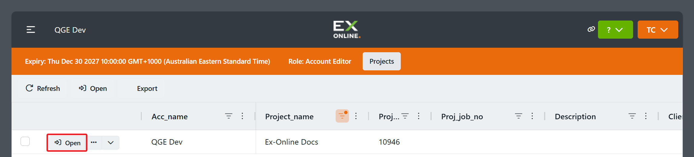 Accounts Page with Open highlighted on the project row
