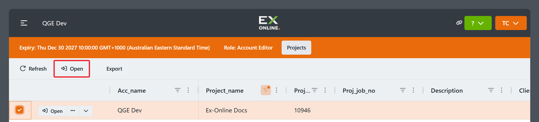 Accounts Page with a project row selected and toolbar Open highlighted