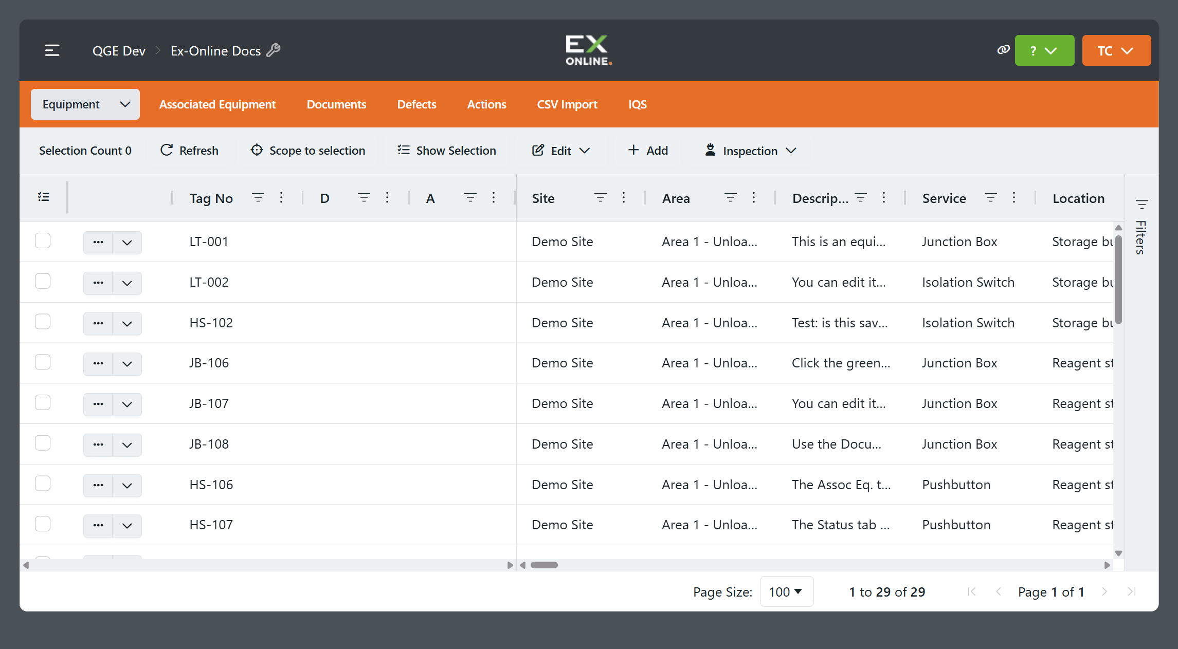 Project Dashboard — EQUIPMENT tab