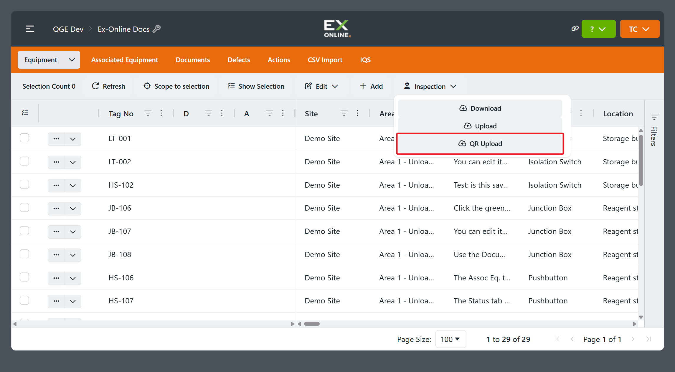 Inspection dropdown with QR Upload highlighted