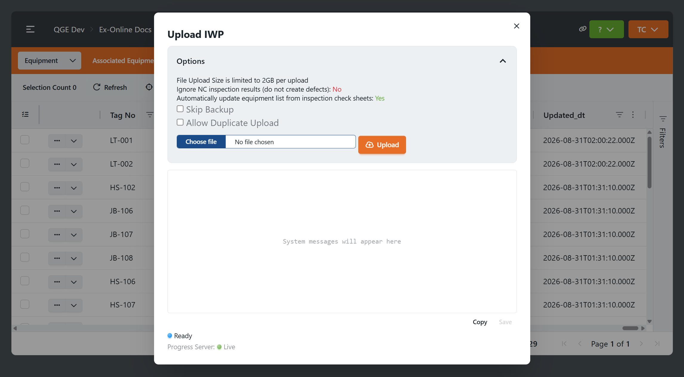 Upload dialog — empty, no file selected