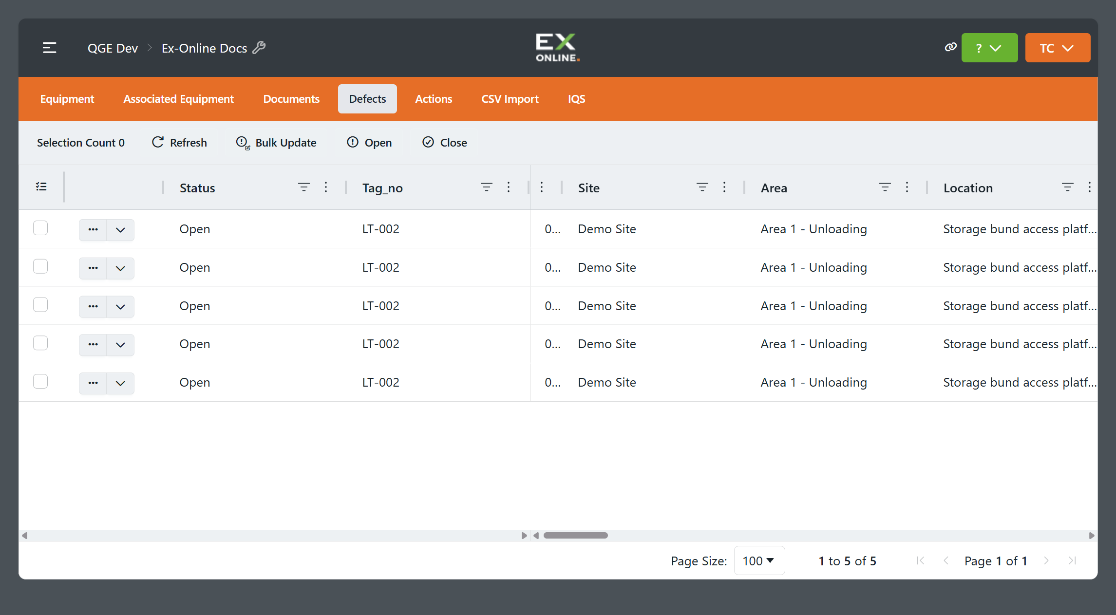 Project Dashboard — DEFECTS tab after upload