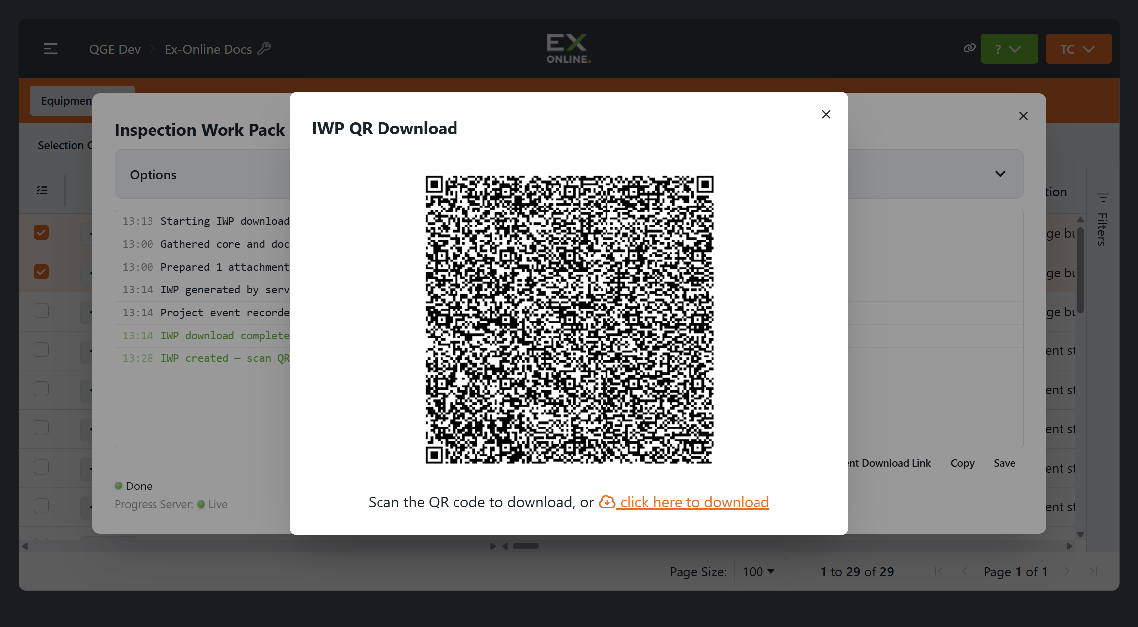 IWP QR Download dialog with QR code and download link