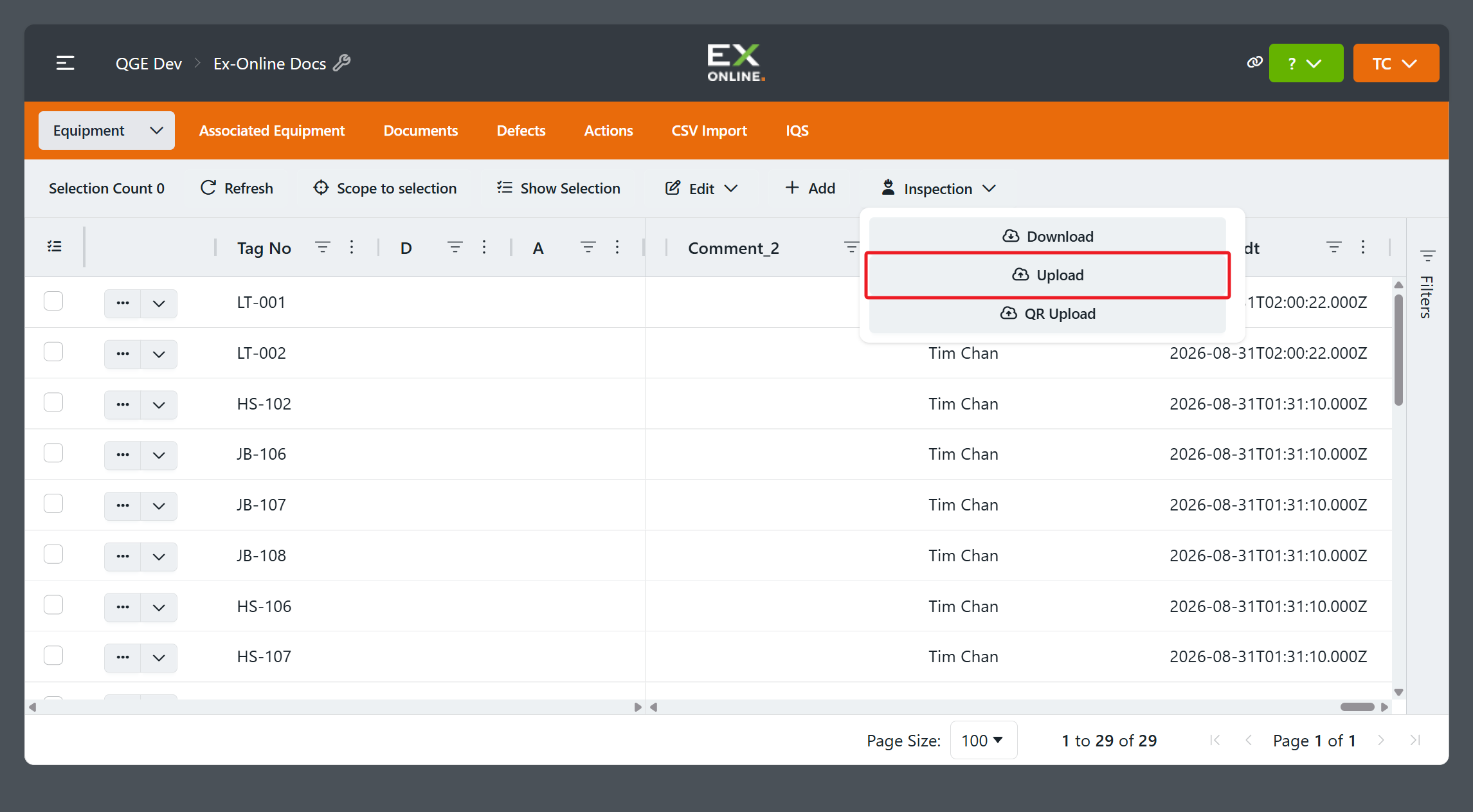 Inspection dropdown with Upload selected