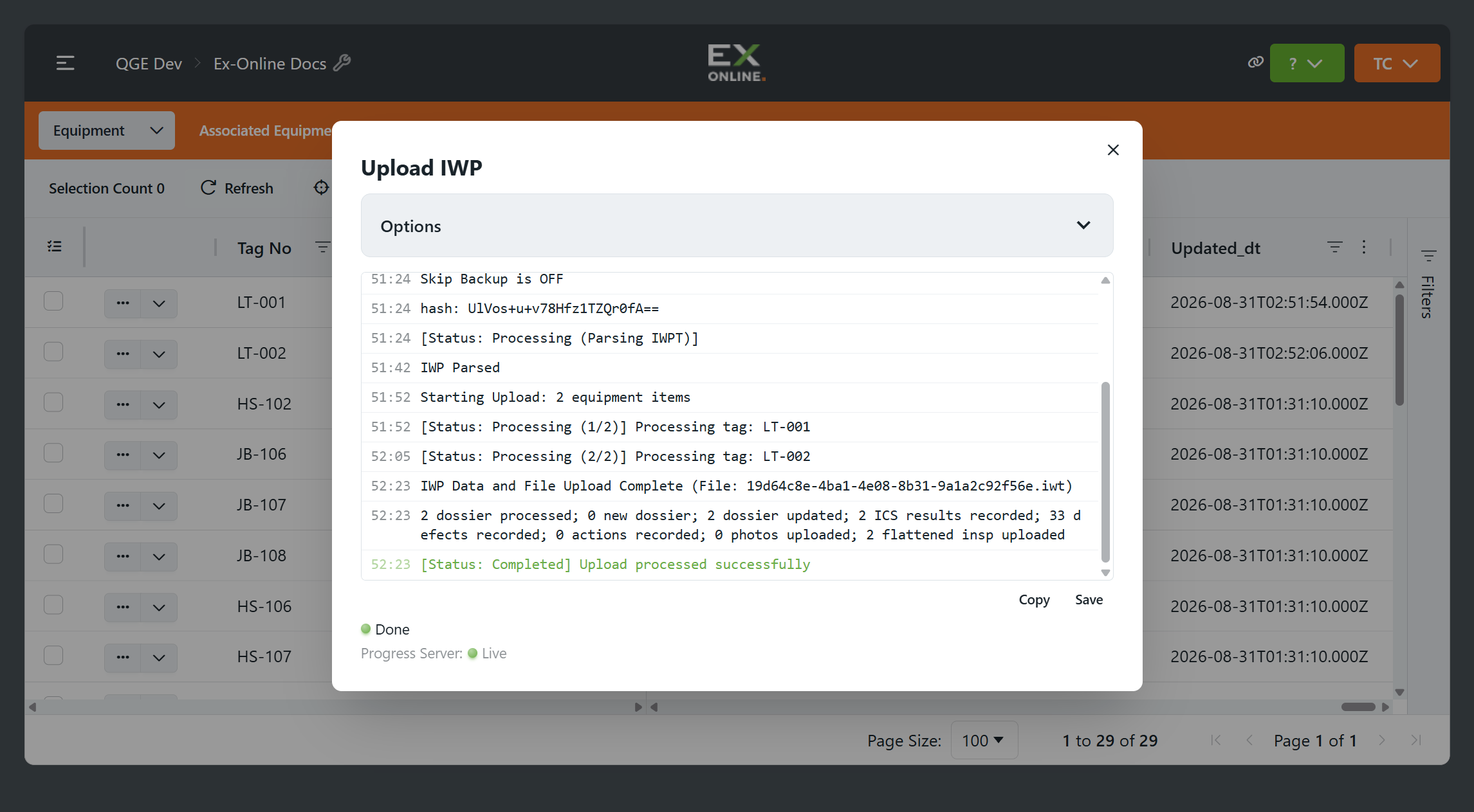 Upload IWP dialog — import complete