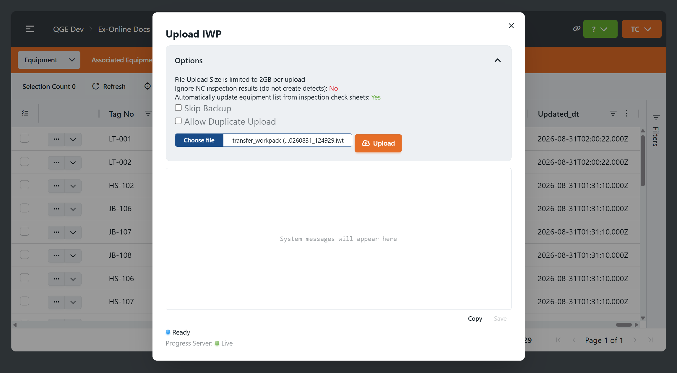 Upload IWP dialog with file selected