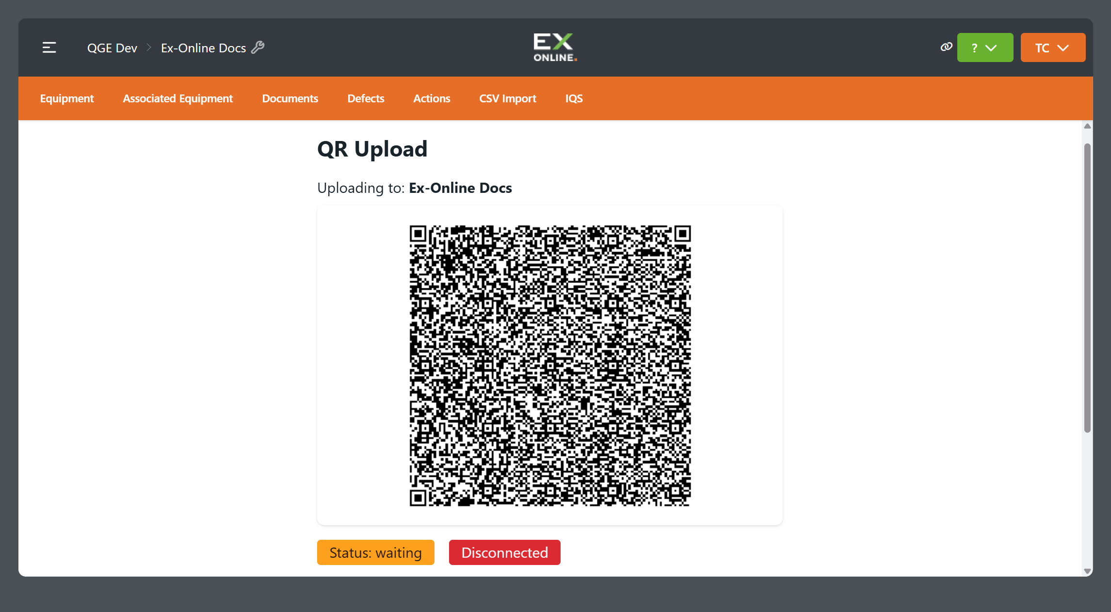 QR Upload page in Tag Browser showing a QR code and upload URL
