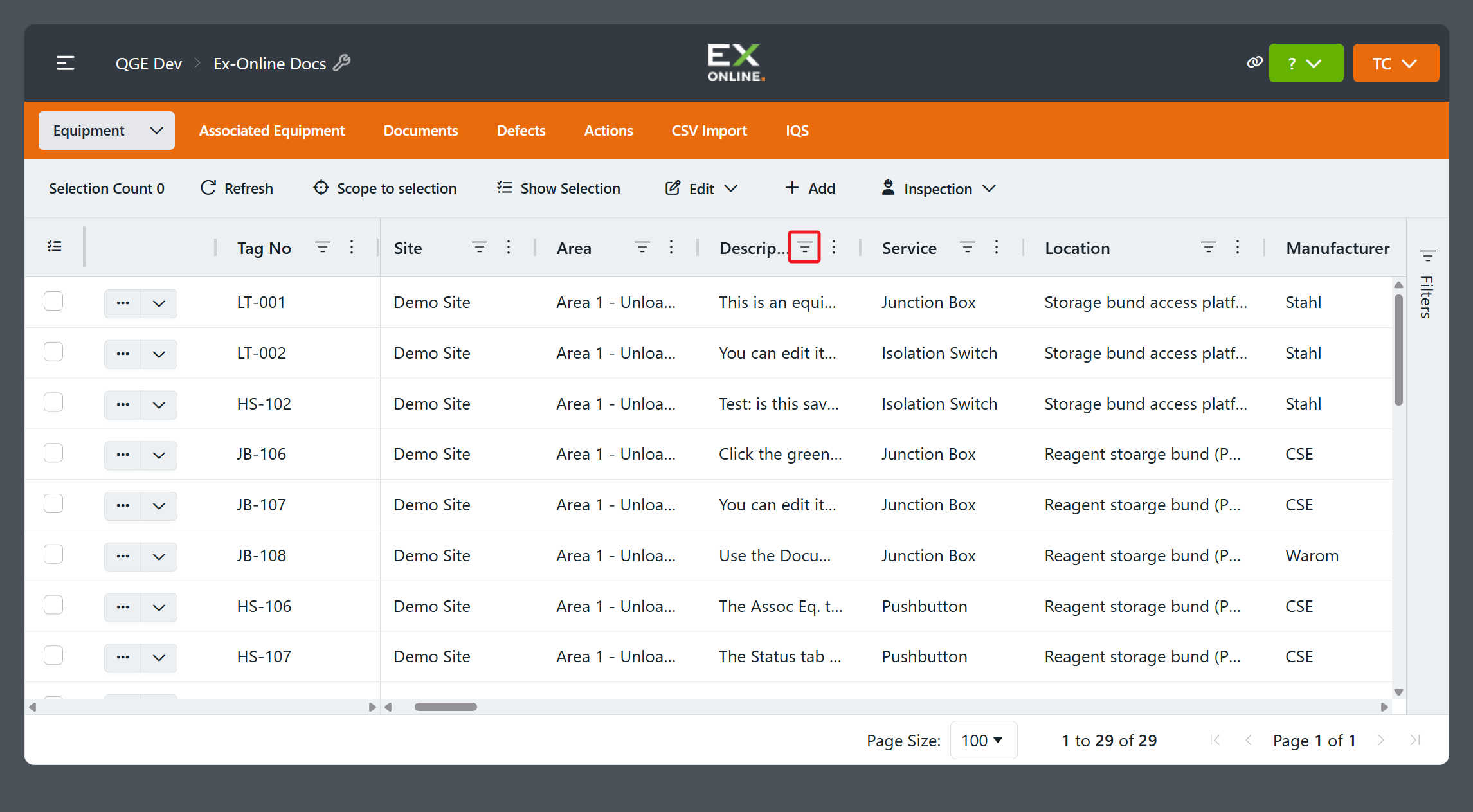 Description column header with Filter icon