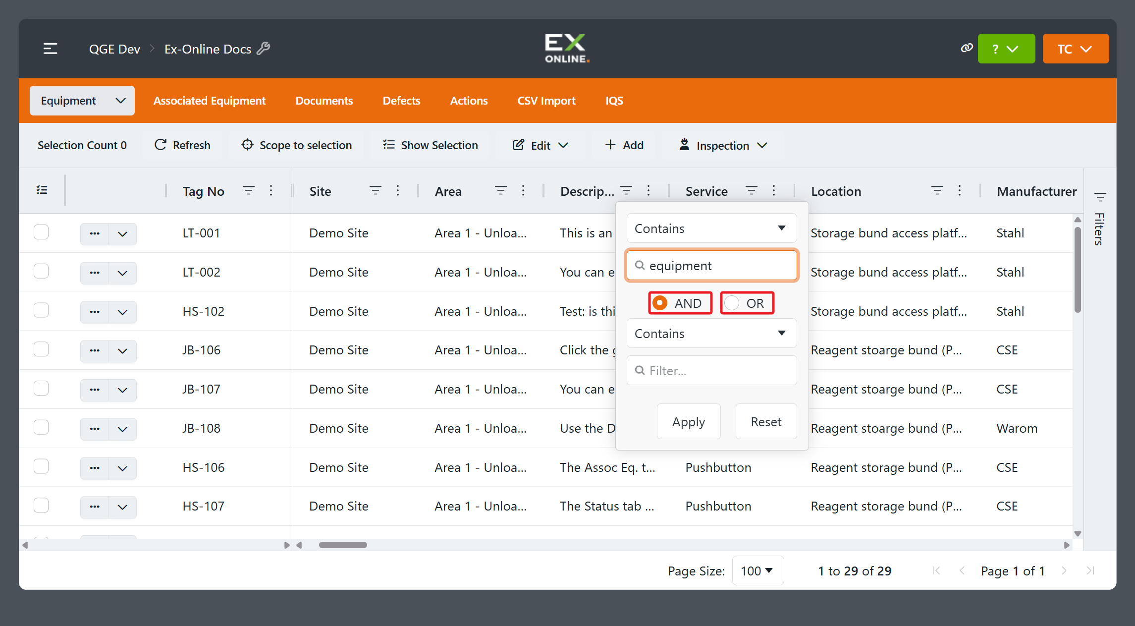 Filter form with AND and OR controls