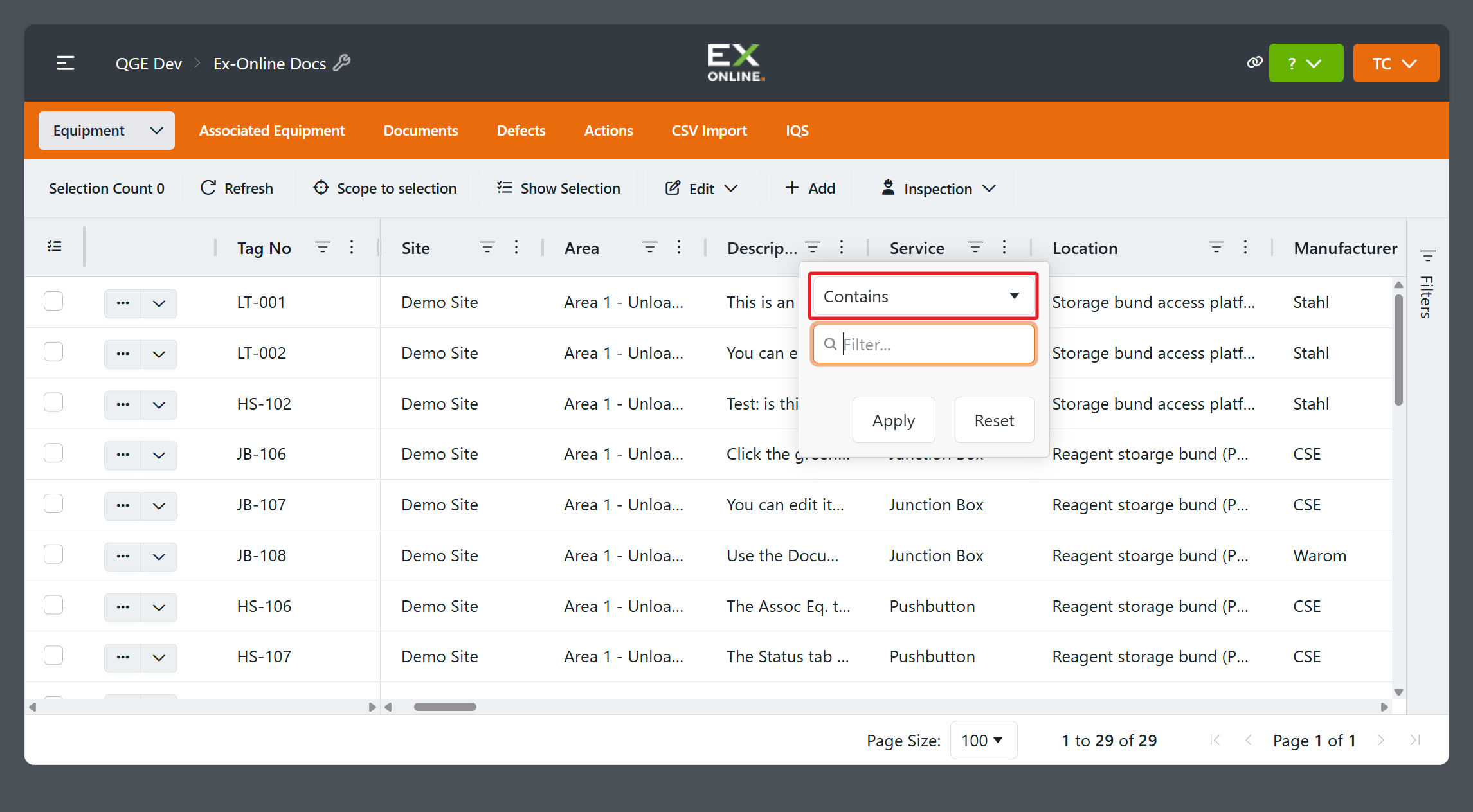 Description column filter with Contains selected