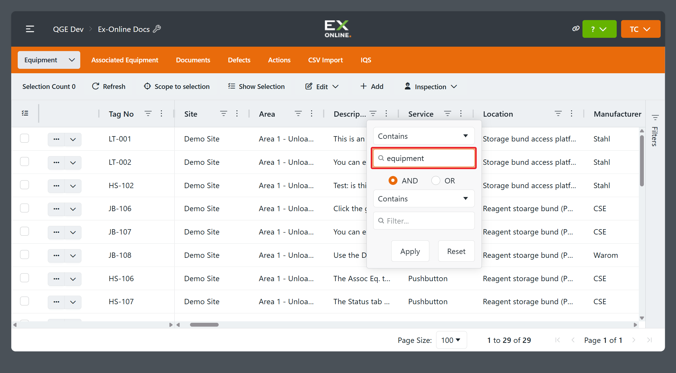 Description filter form — Contains equipment