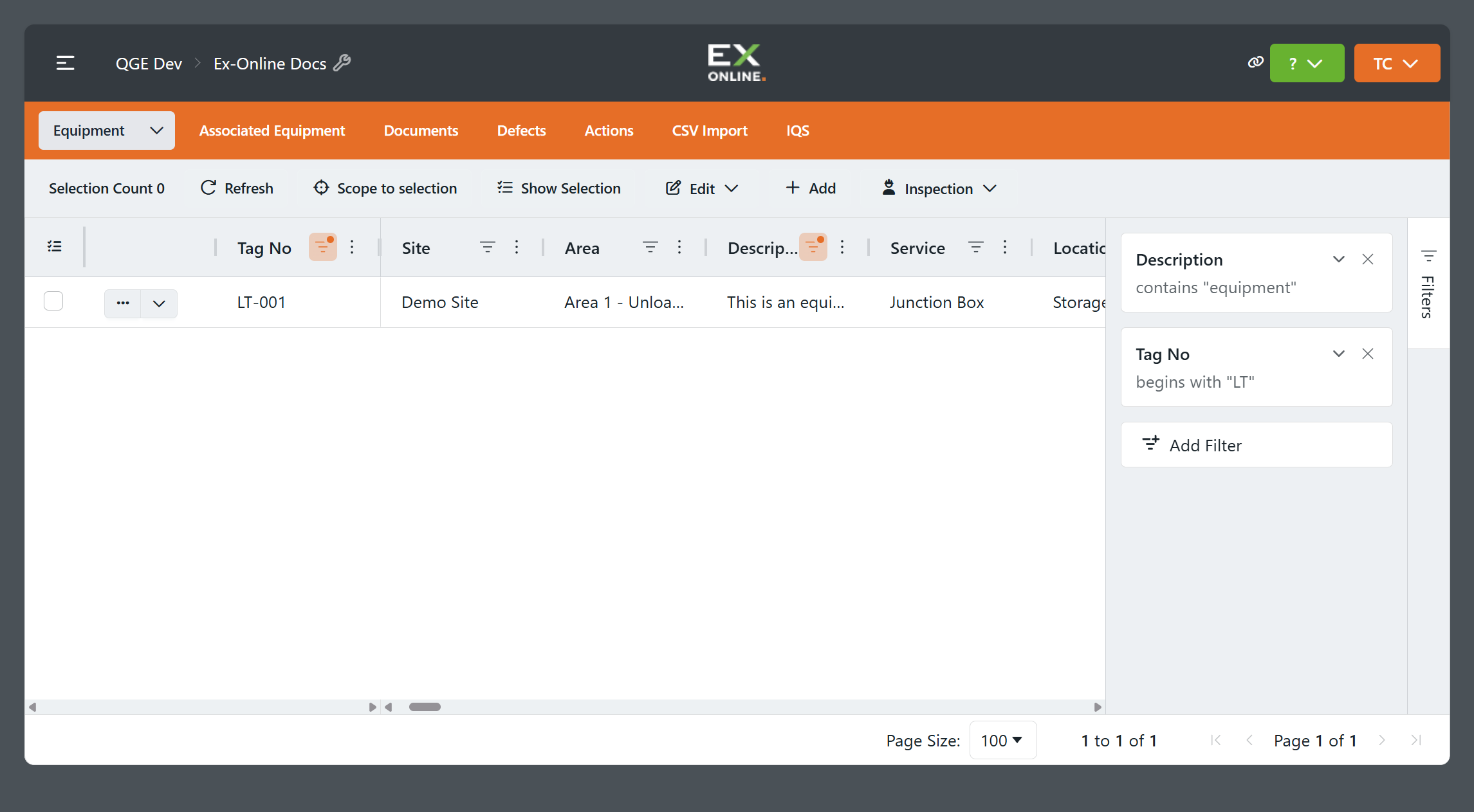 Filters panel with Description and Tag No filters active