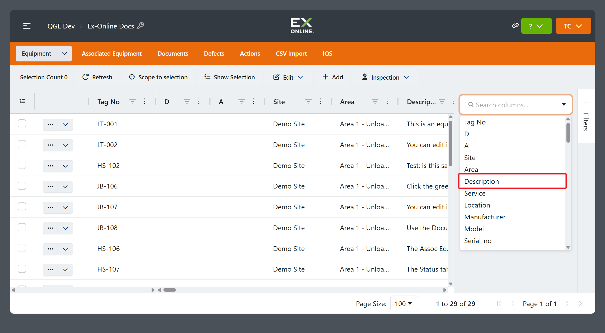 Search columns picker with Description