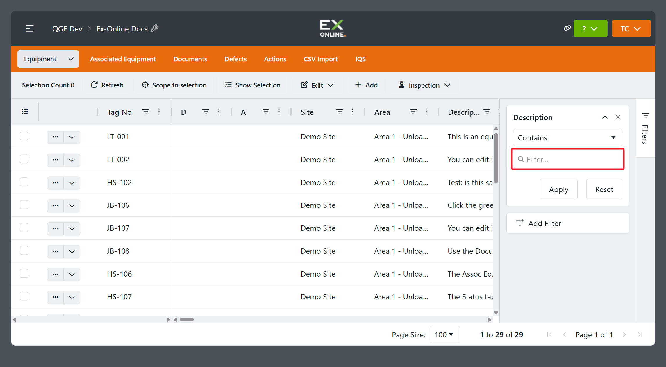 Description filter card — Contains, empty value