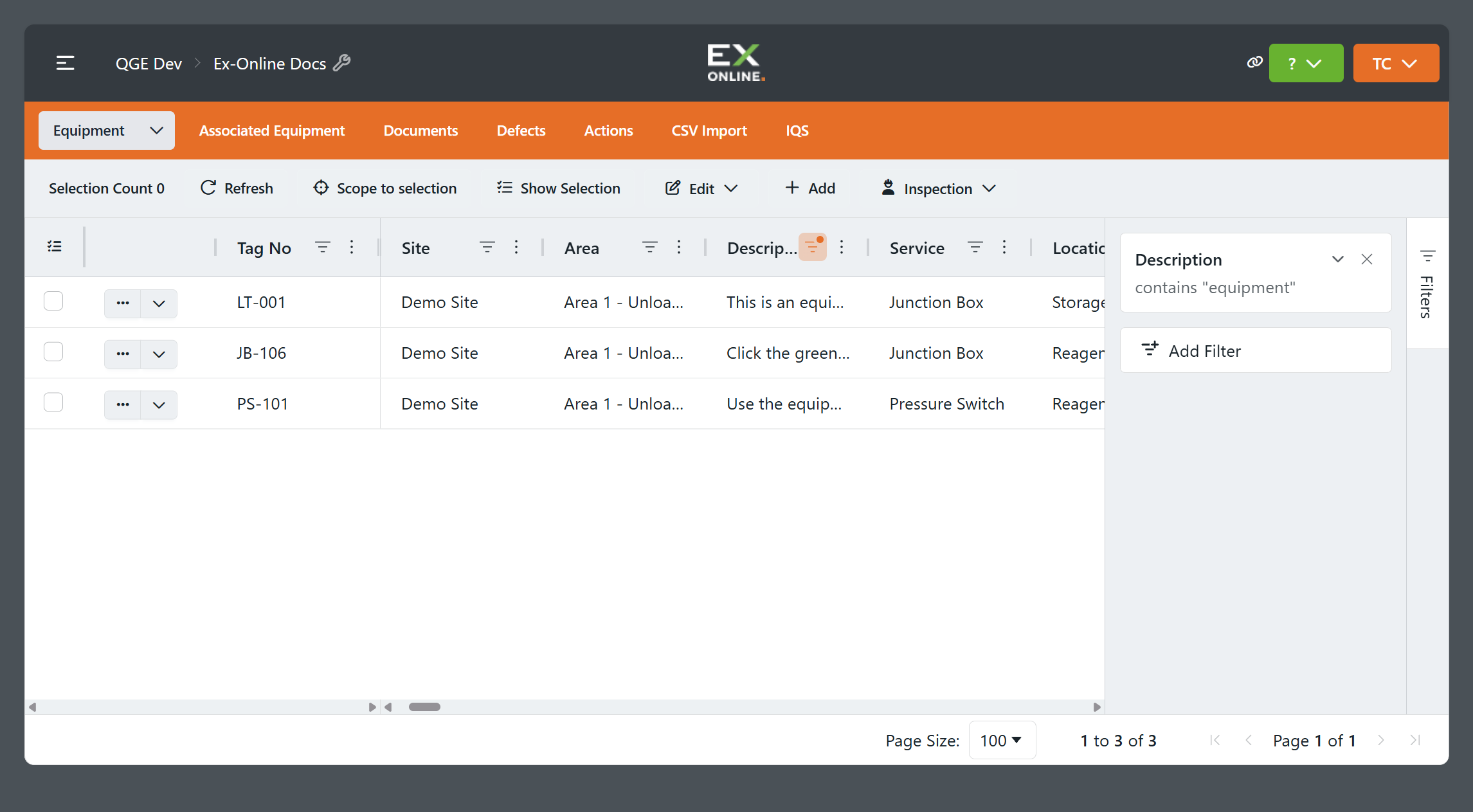 Filters panel with an applied Description filter