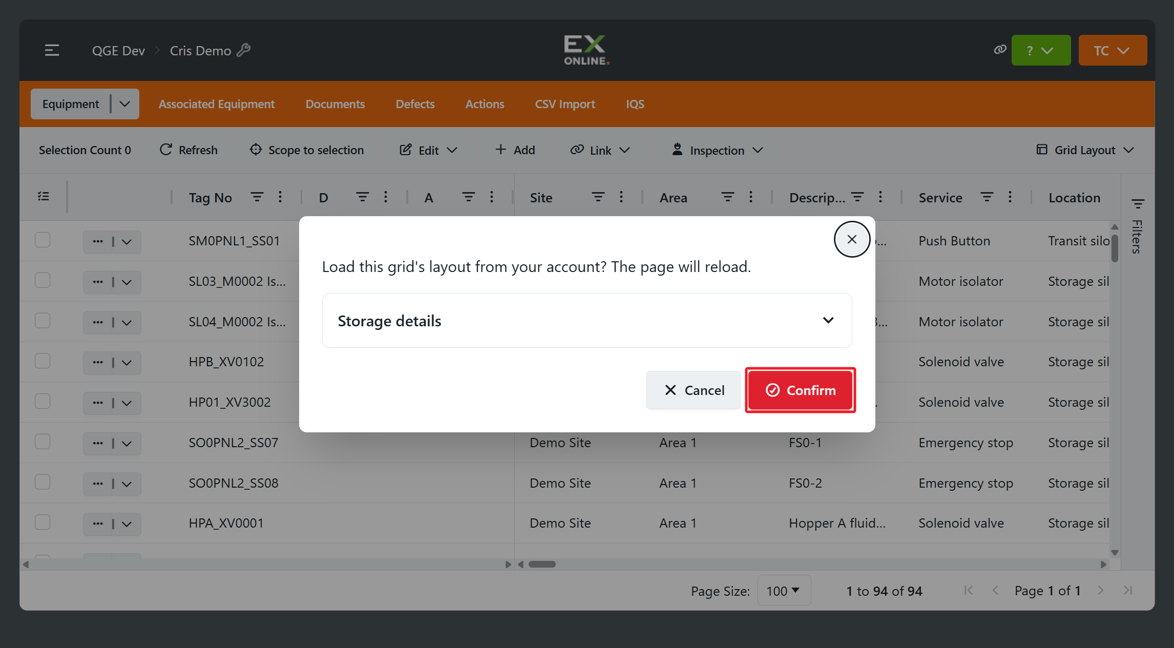 Confirmation to load this grid's layout from the account, with Confirm highlighted