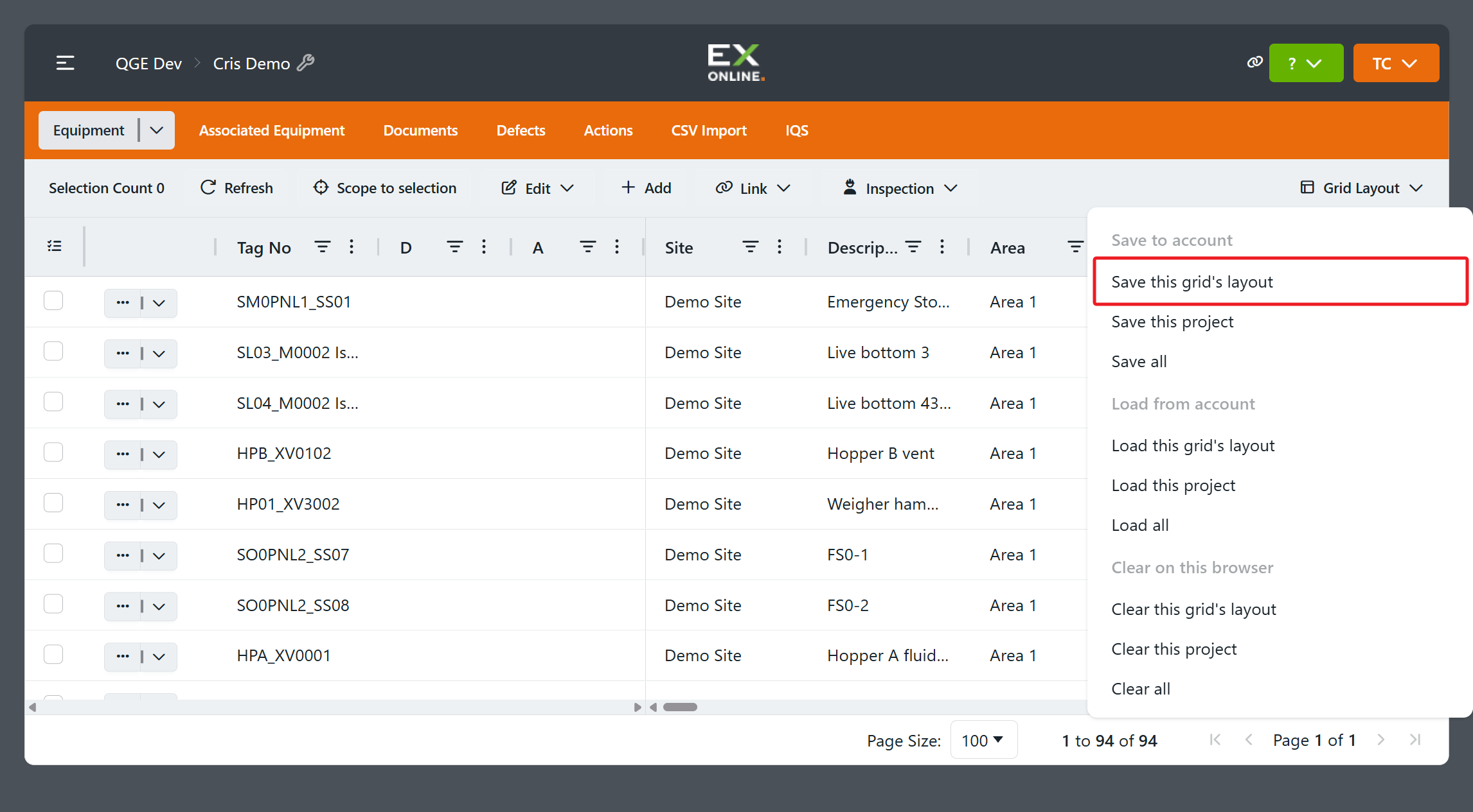 Grid Layout menu with Save this grid's layout highlighted