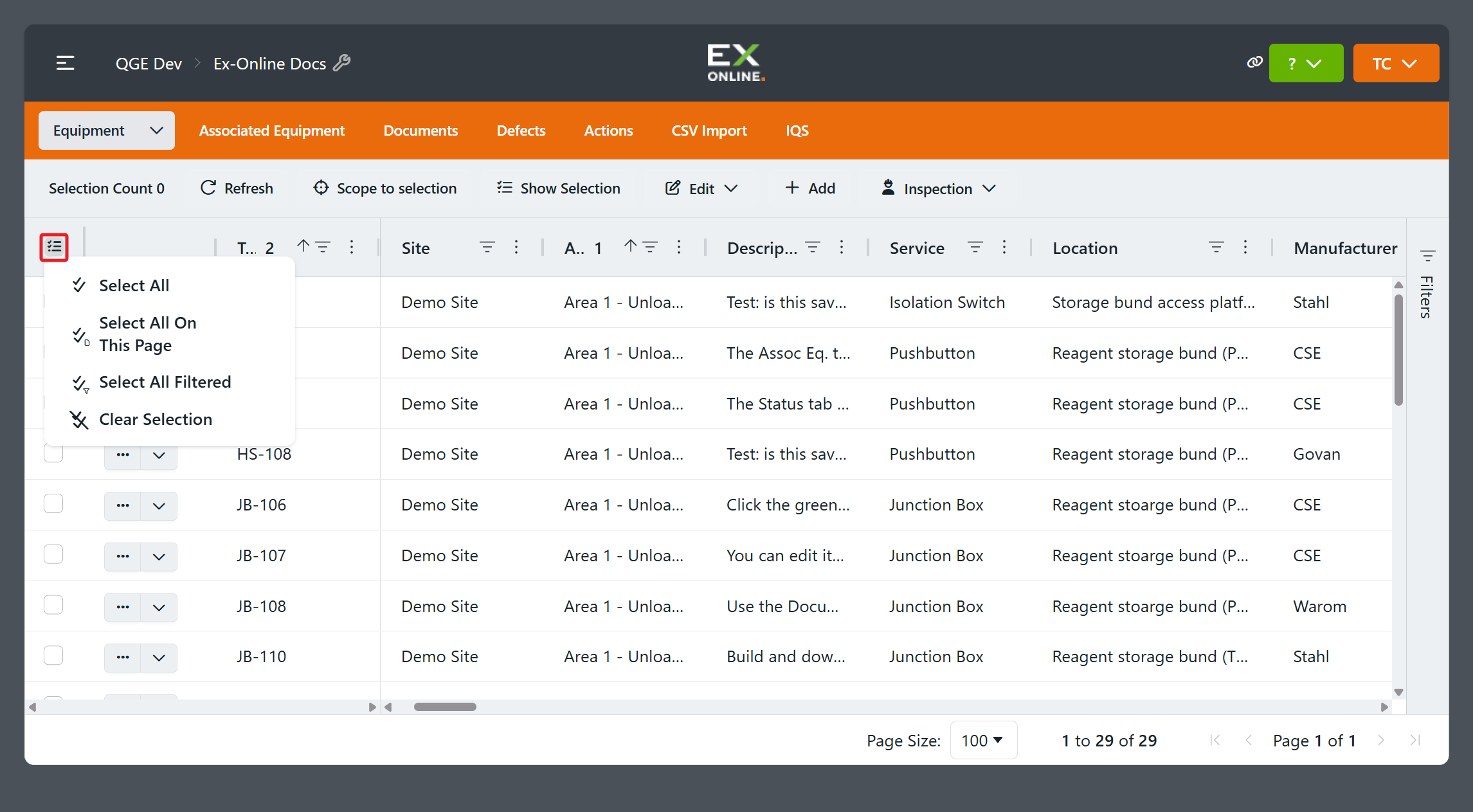 Header select menu open