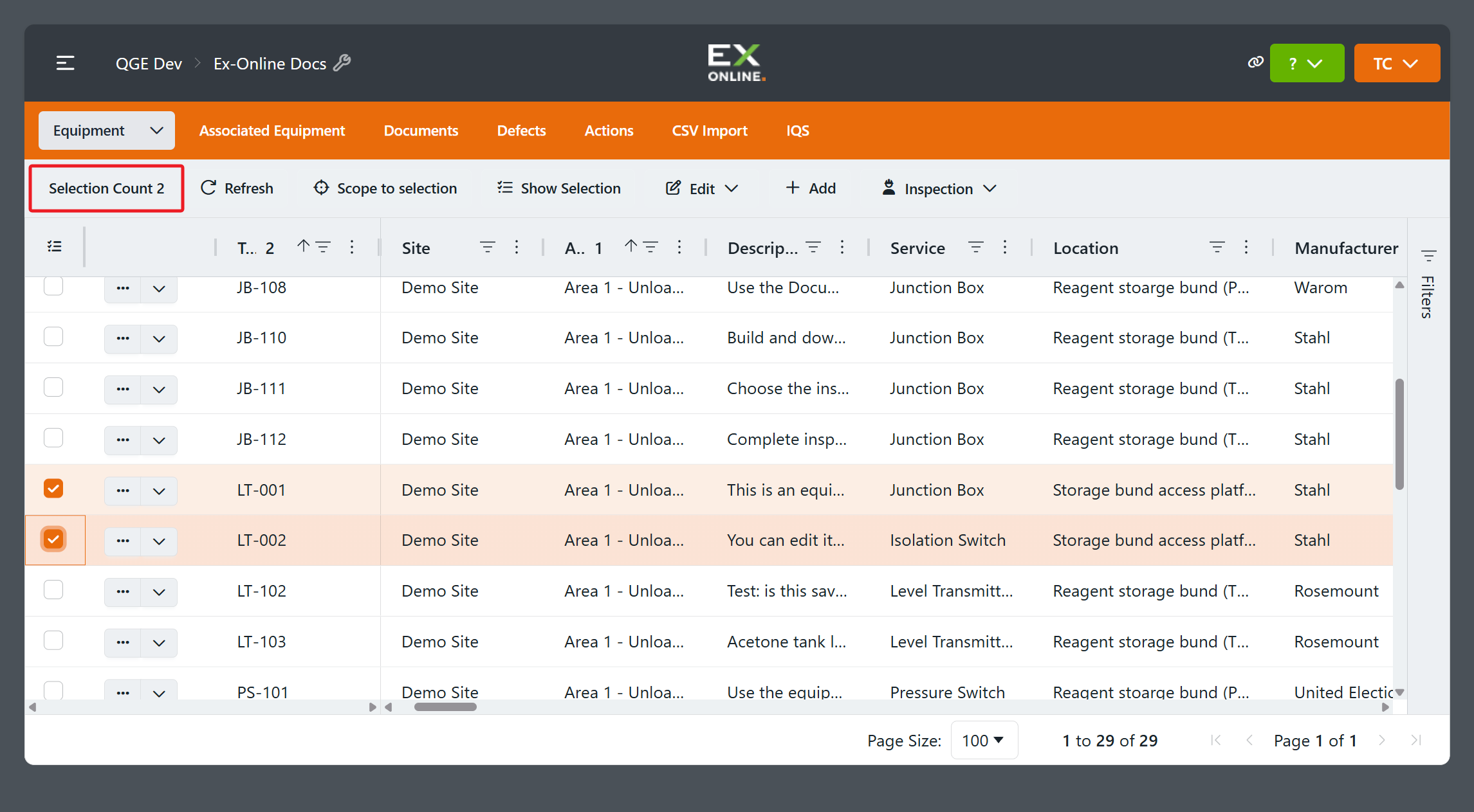 Toolbar with Selection Count 2 after LT-001 and LT-002 are ticked