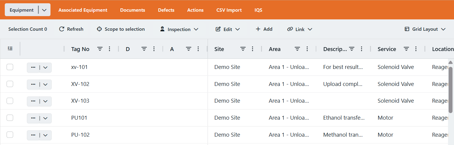 Equipment grid with its orange heading, toolbar, Grid Layout, row controls, and five equipment records