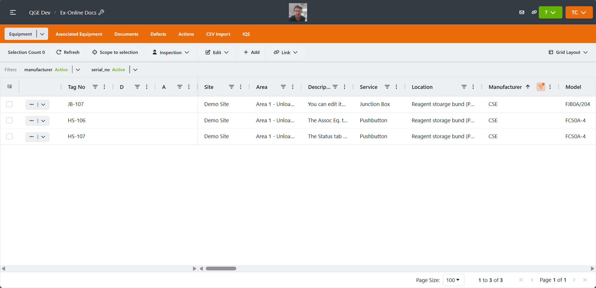 Project Dashboard showing the top bar, project views, Equipment toolbar, active filters, record rows, and page controls
