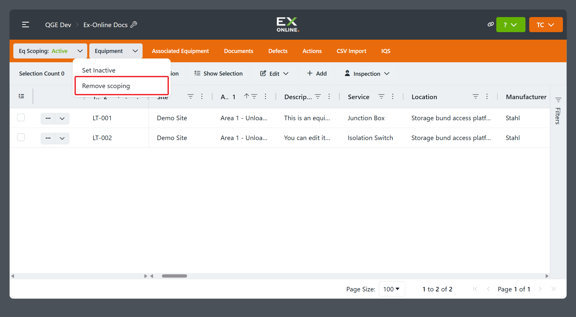 Eq Scoping menu — Remove scoping