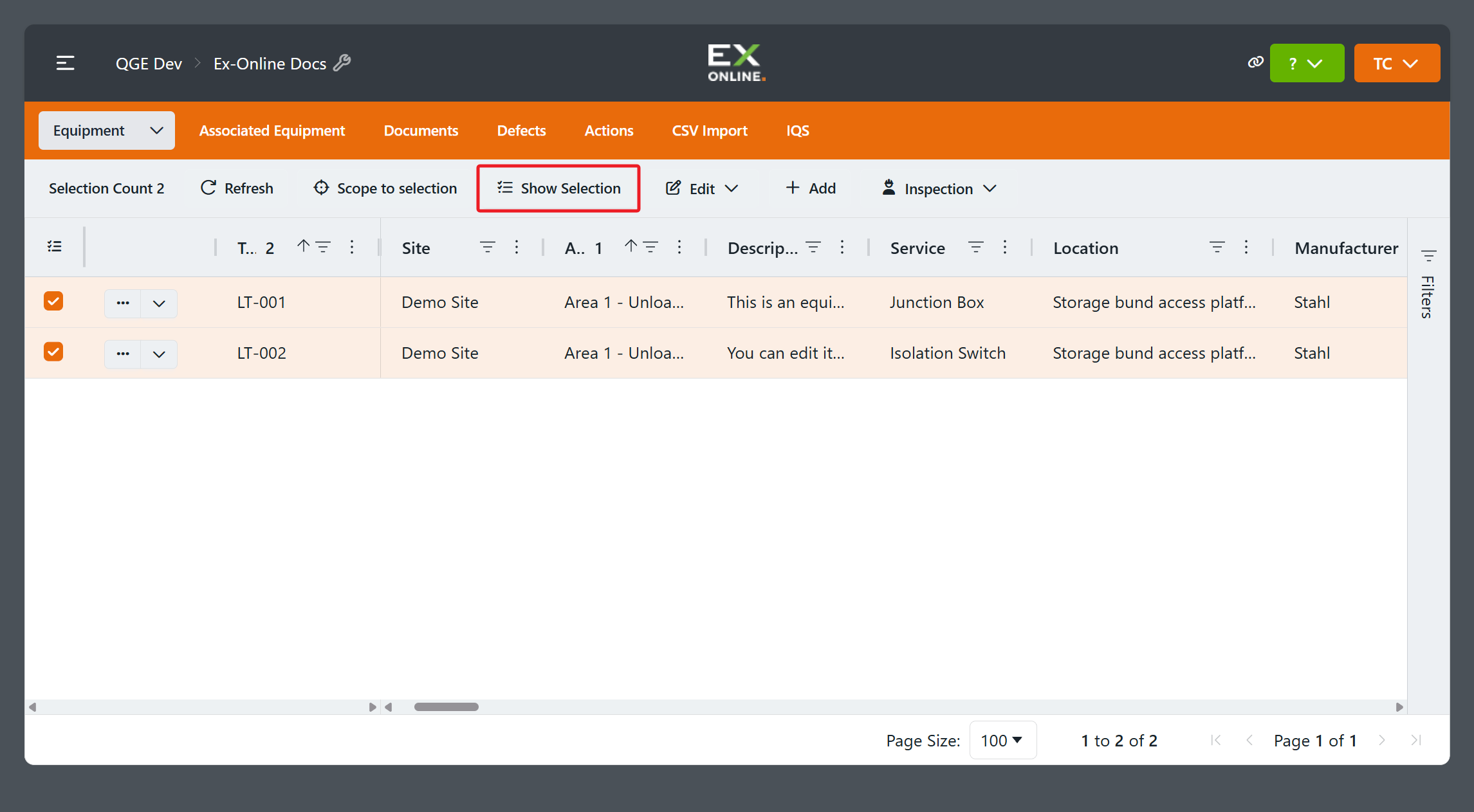 Show Selection active — grid shows two selected rows