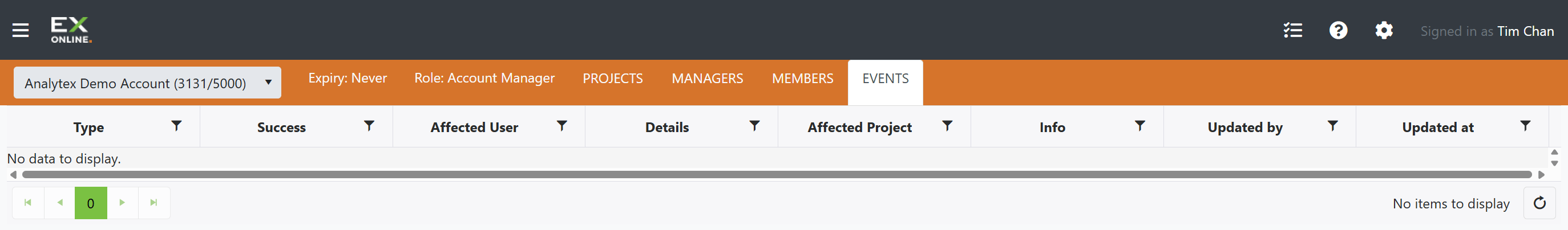 Events tab
