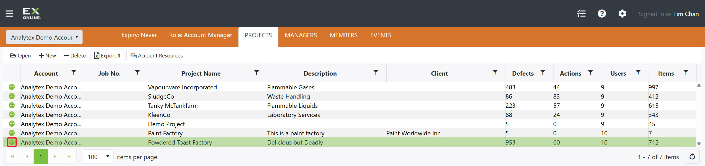 Green circle icon on a project row in the Accounts Page