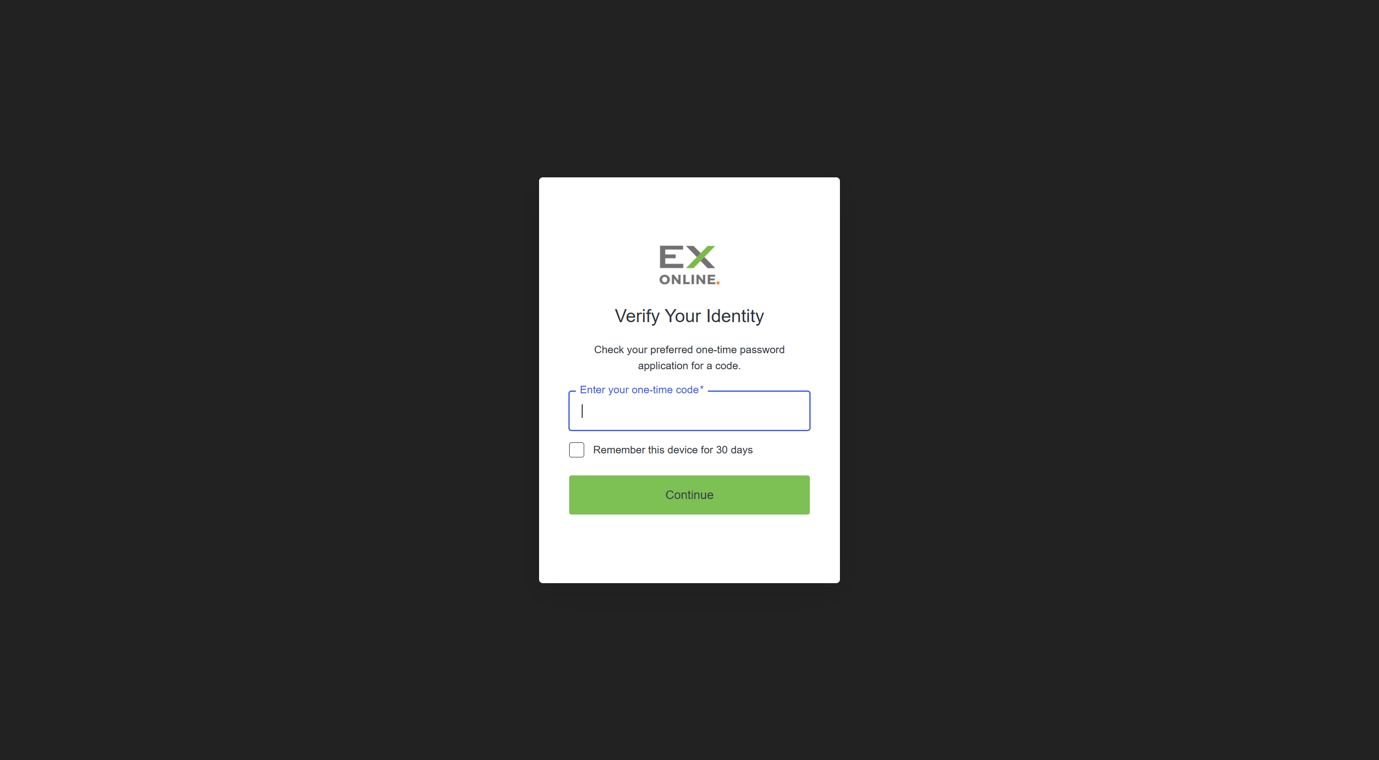 Verify your identity screen with one-time code field and remember device checkbox