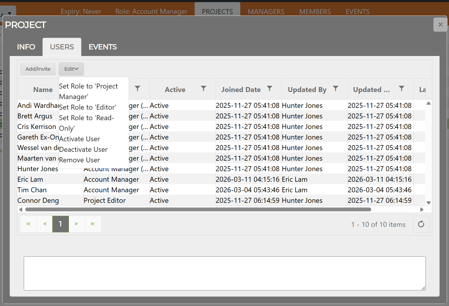 Edit dropdown on the USERS tab
