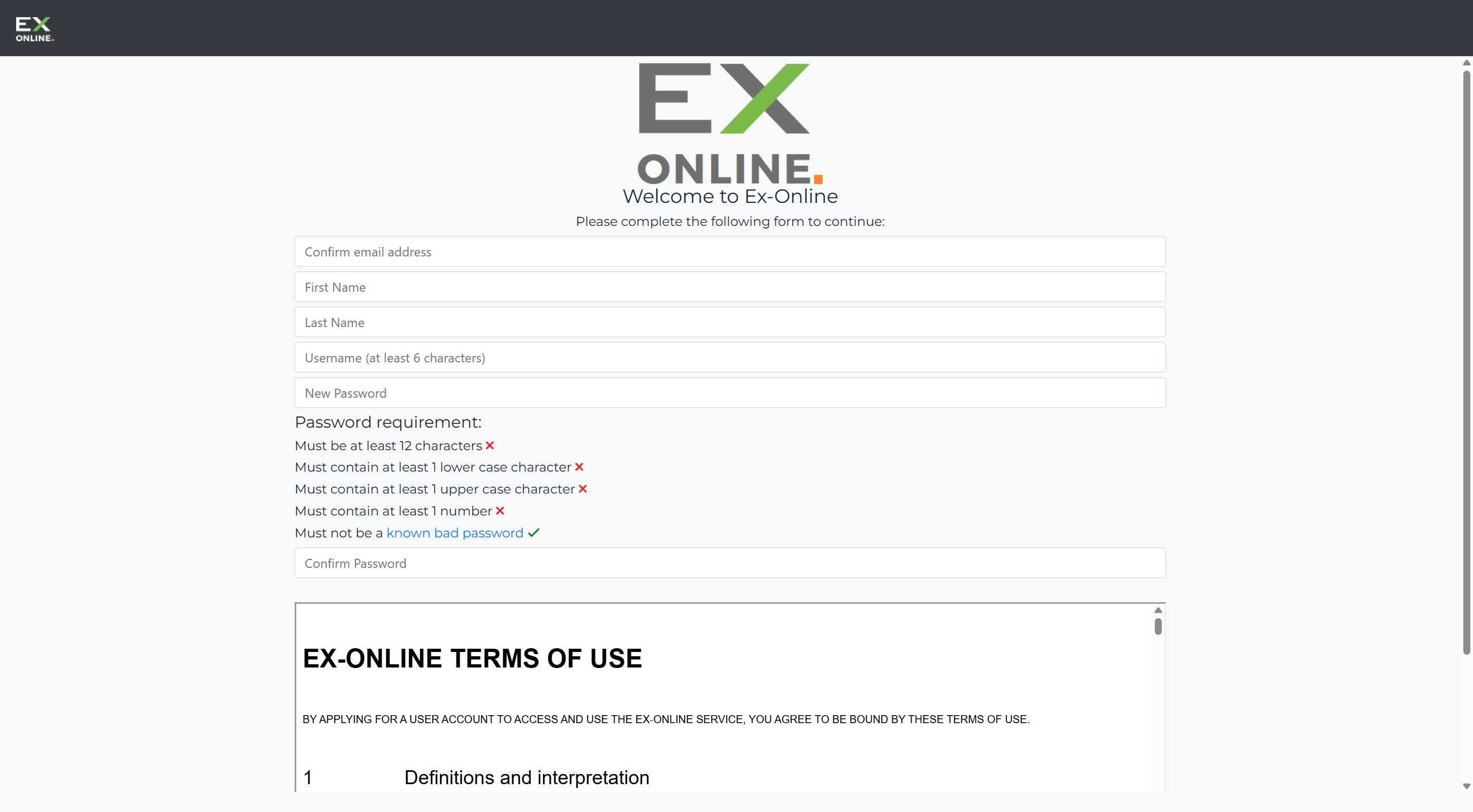 Account creation form