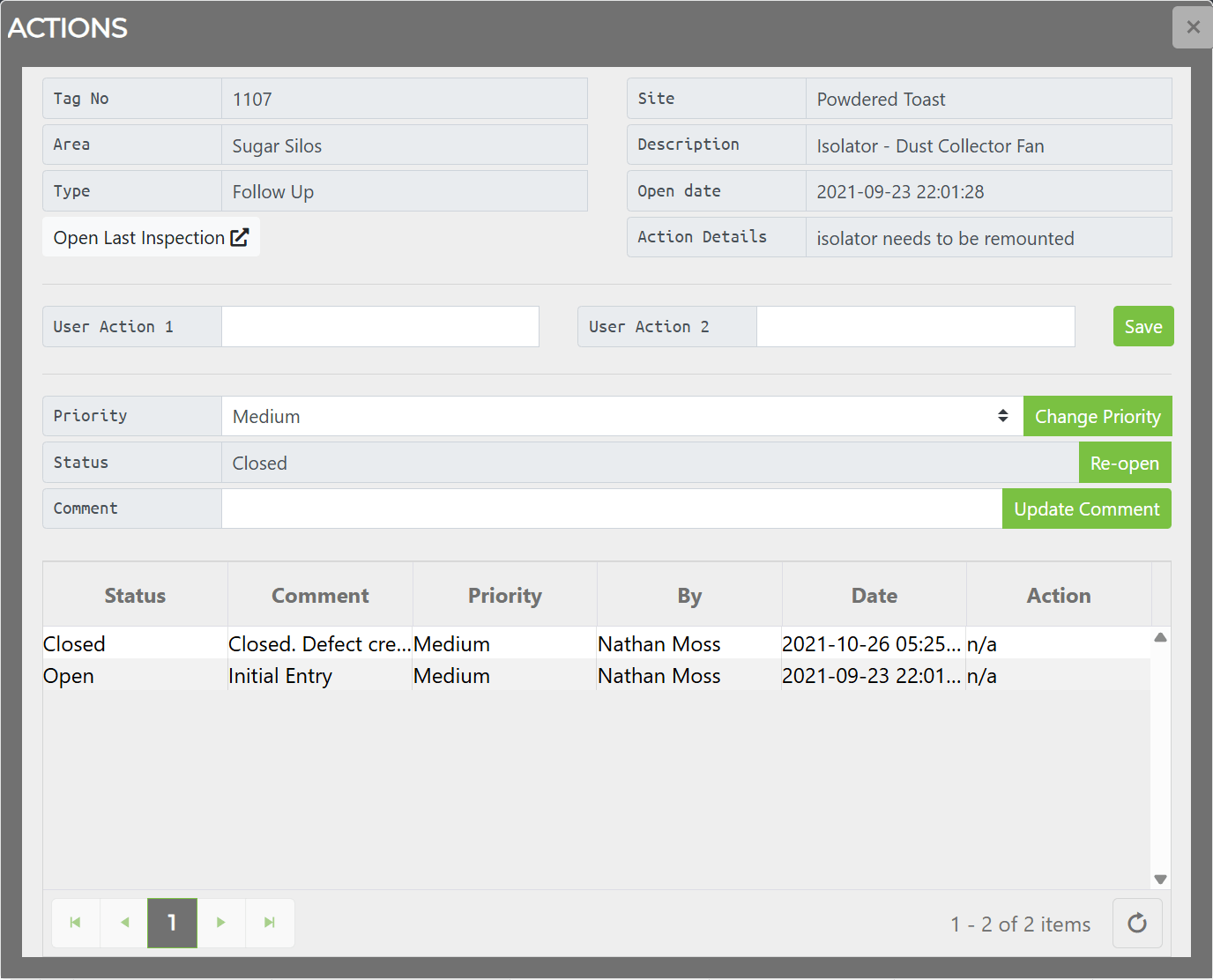 Action Window showing fields, status, and change history