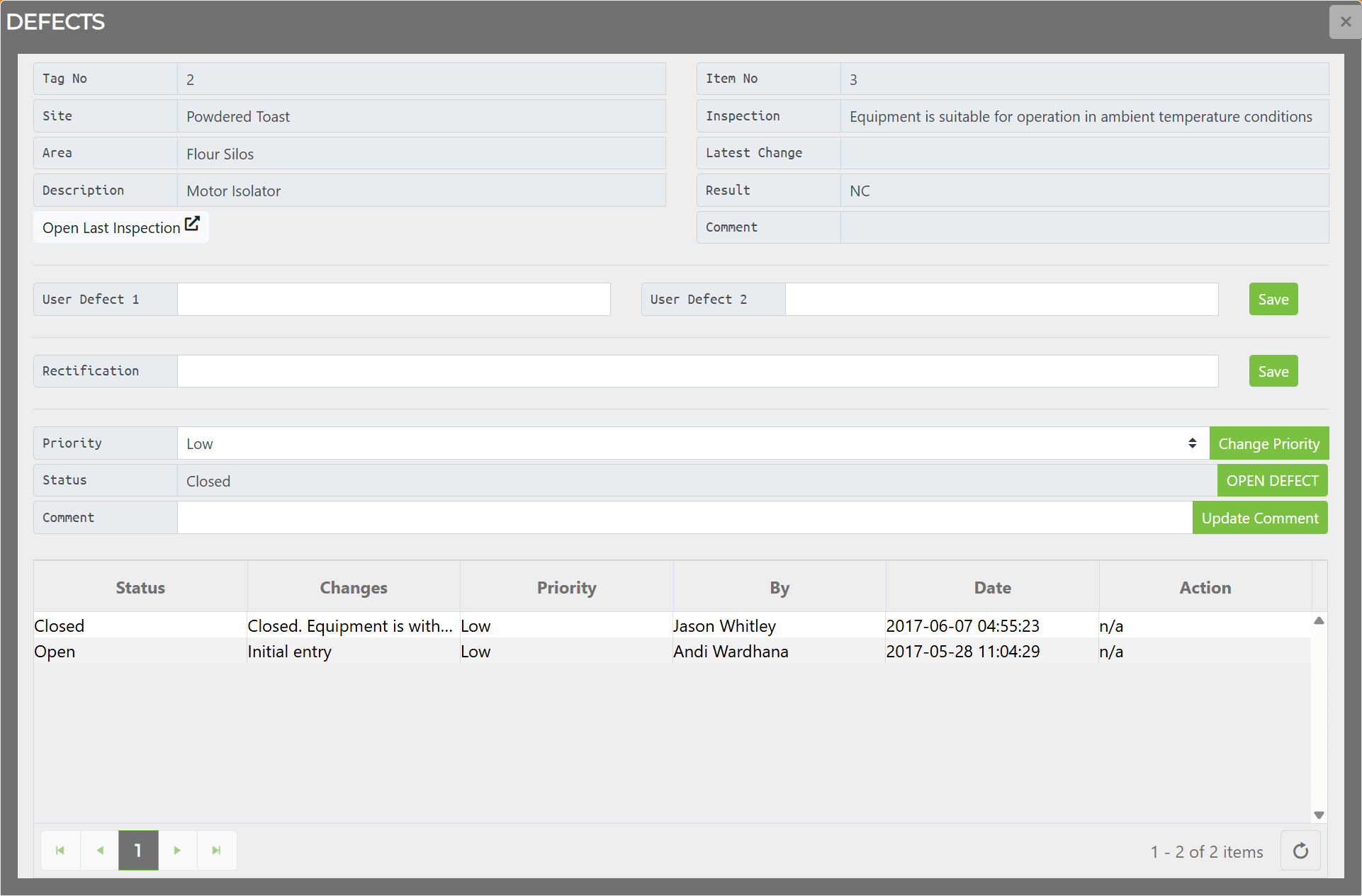 Defect Window showing fields, status, and change history