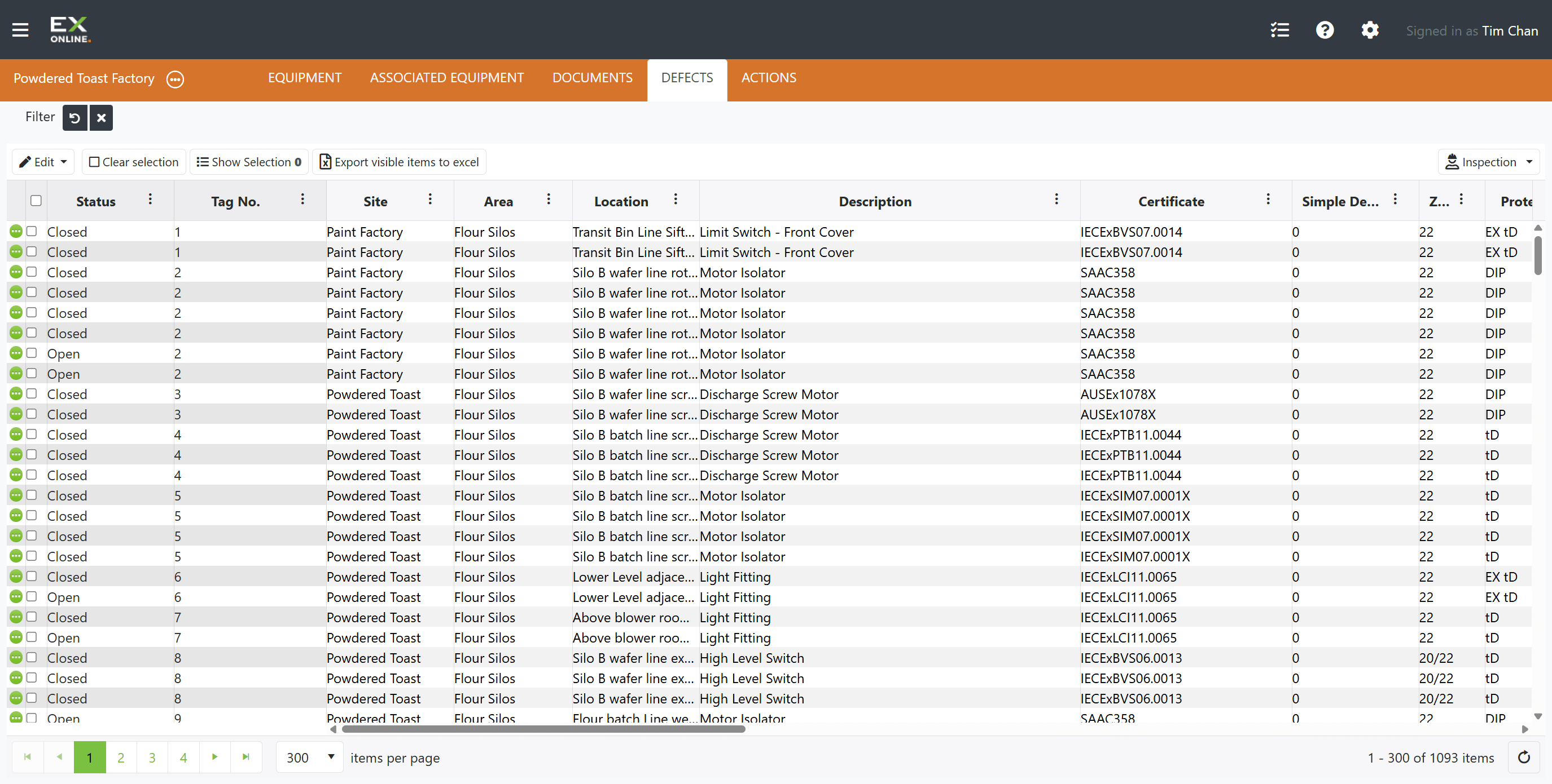Defects main grid view