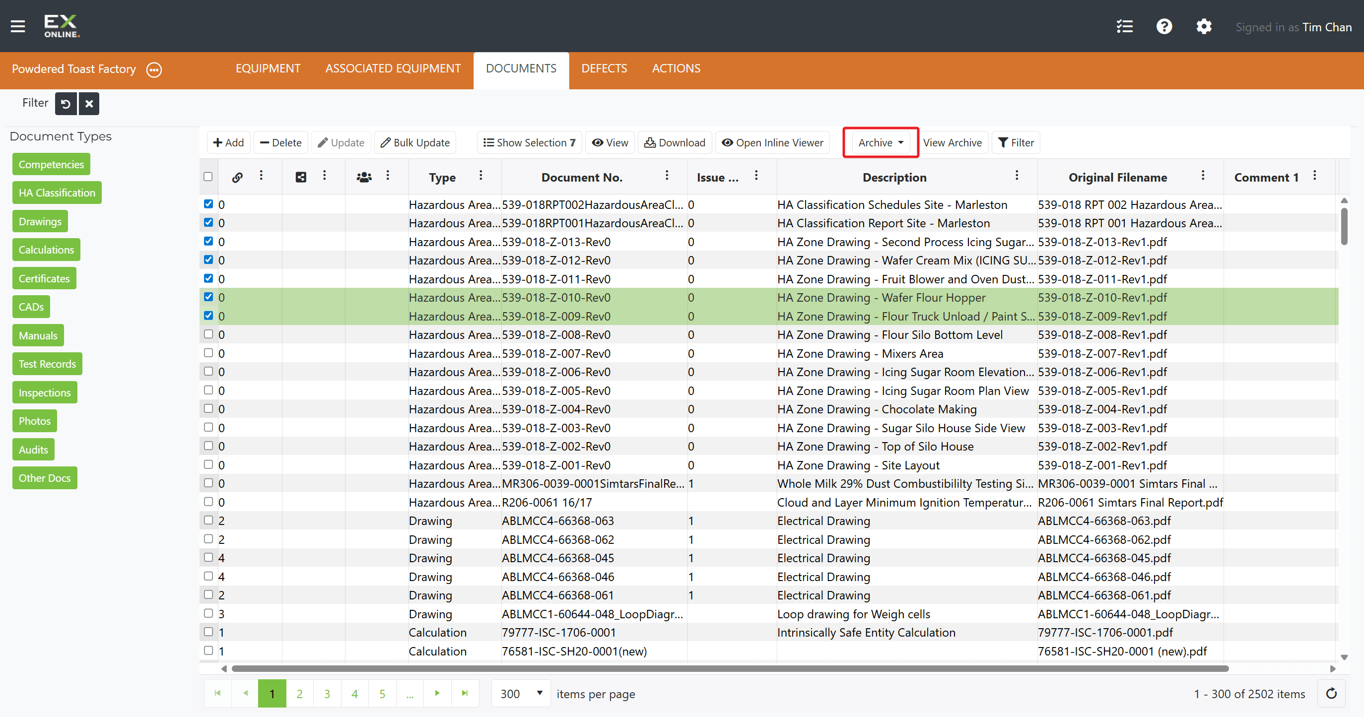 Documents selected — click Archive in the toolbar