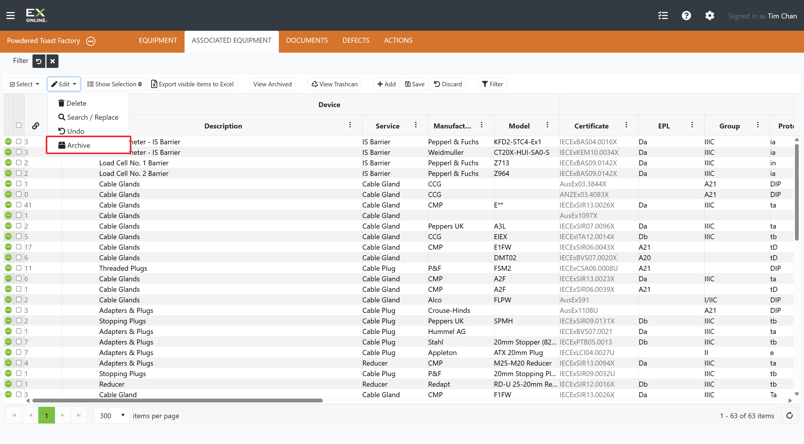 Edit menu — Archive