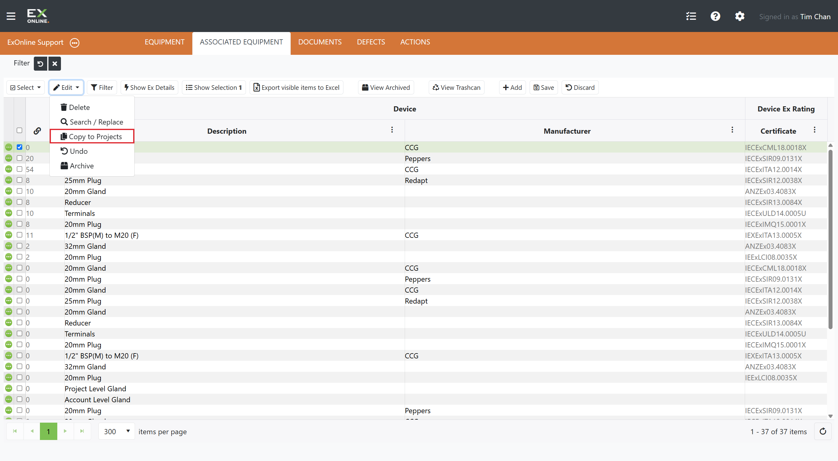 Edit menu — Copy to Projects