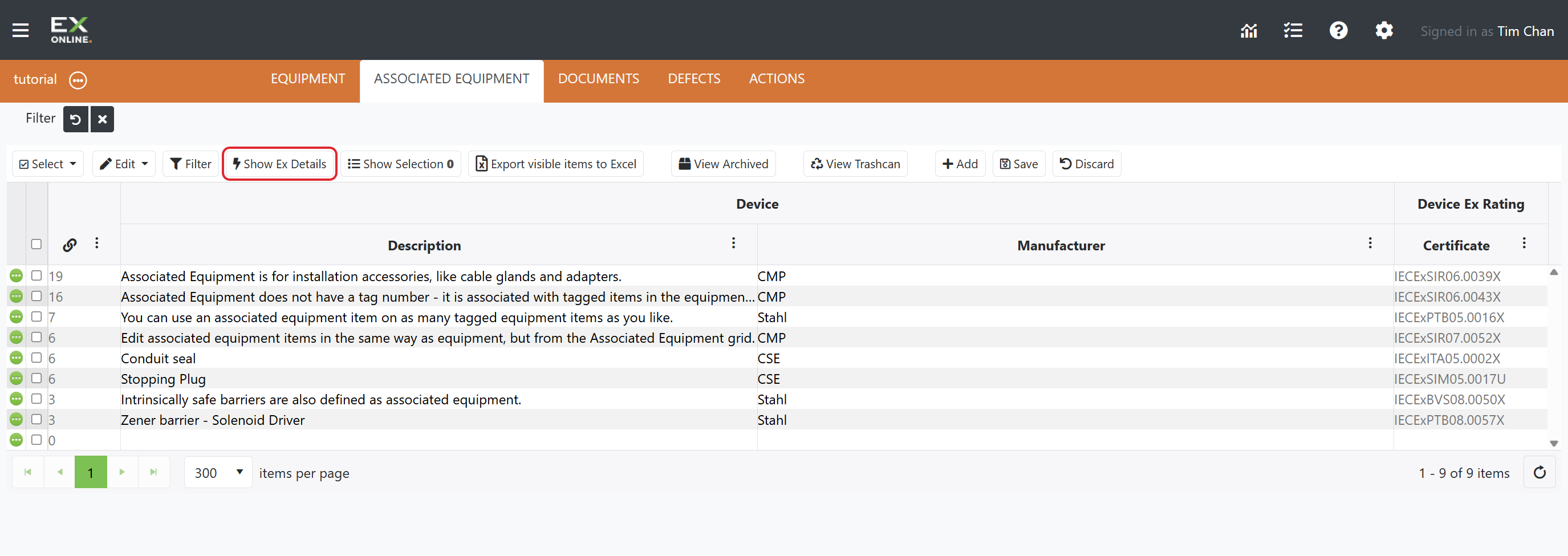 ASSOCIATED EQUIPMENT tab with Show Ex Details highlighted