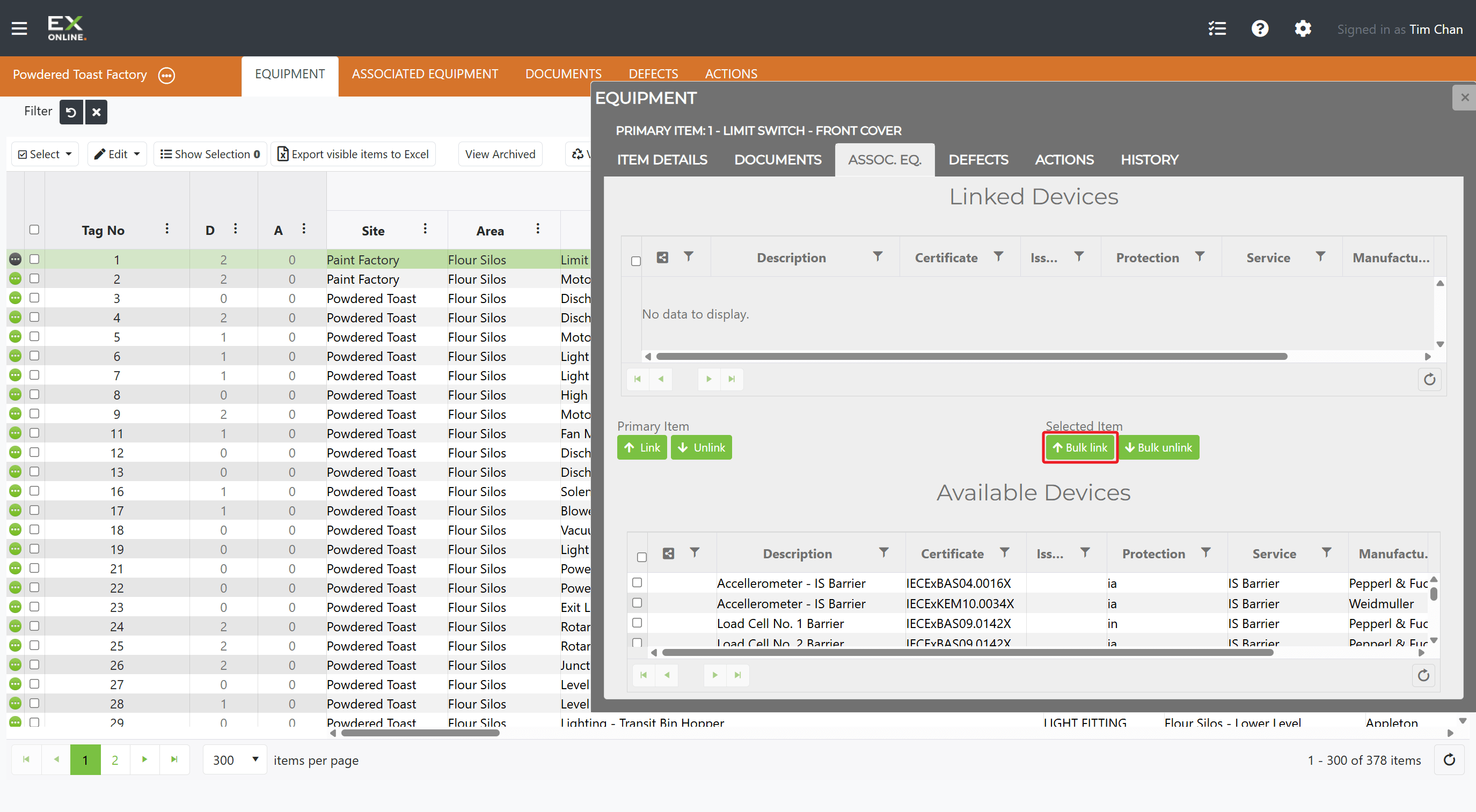 Equipment Window ASSOC. EQ. tab — click Bulk link