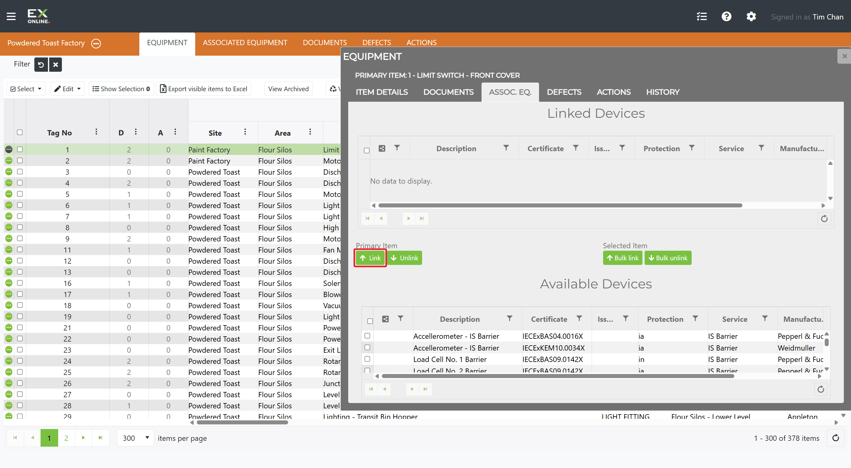 Equipment Window ASSOC. EQ. tab — click Link