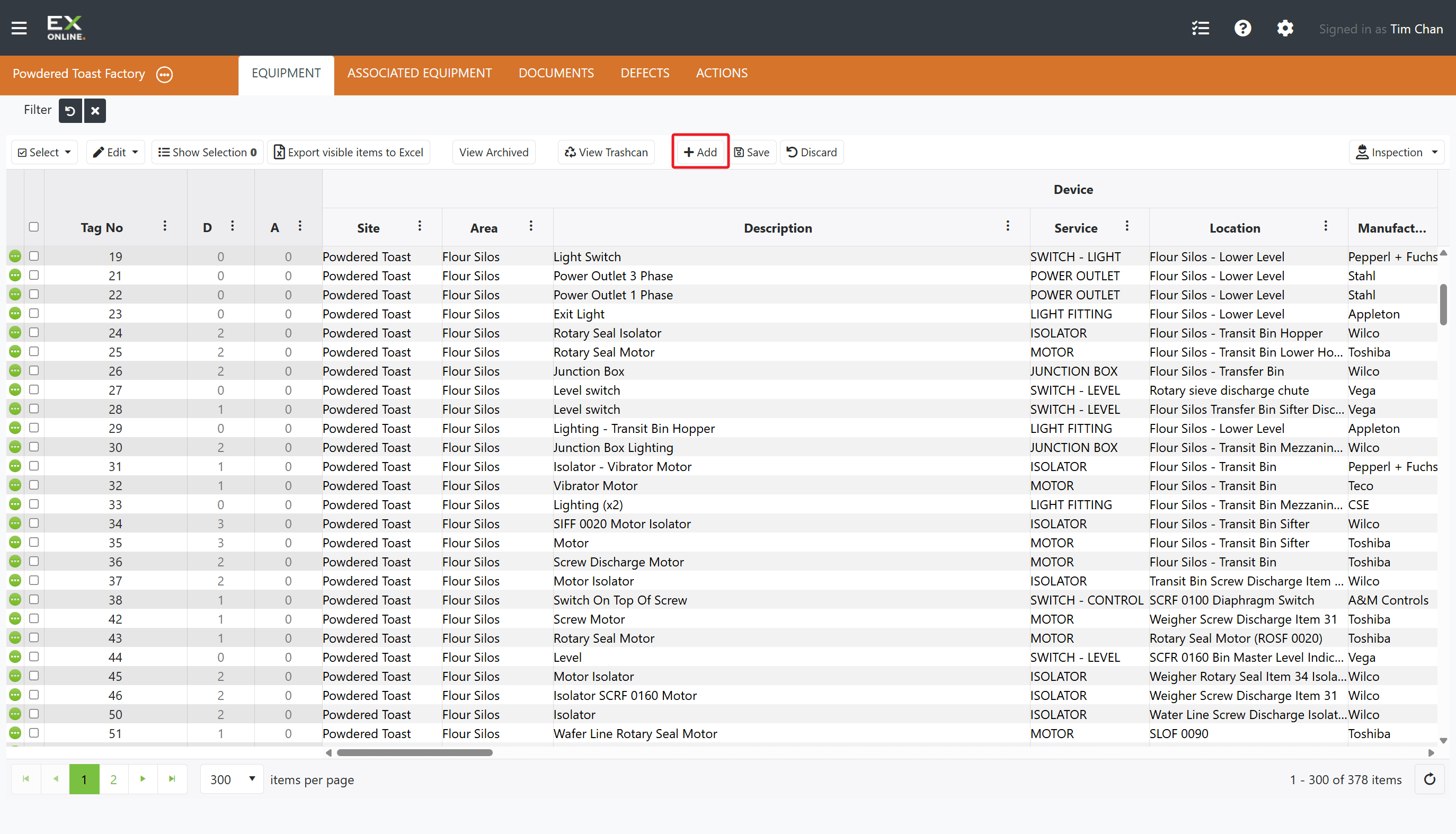EQUIPMENT tab toolbar — click + Add