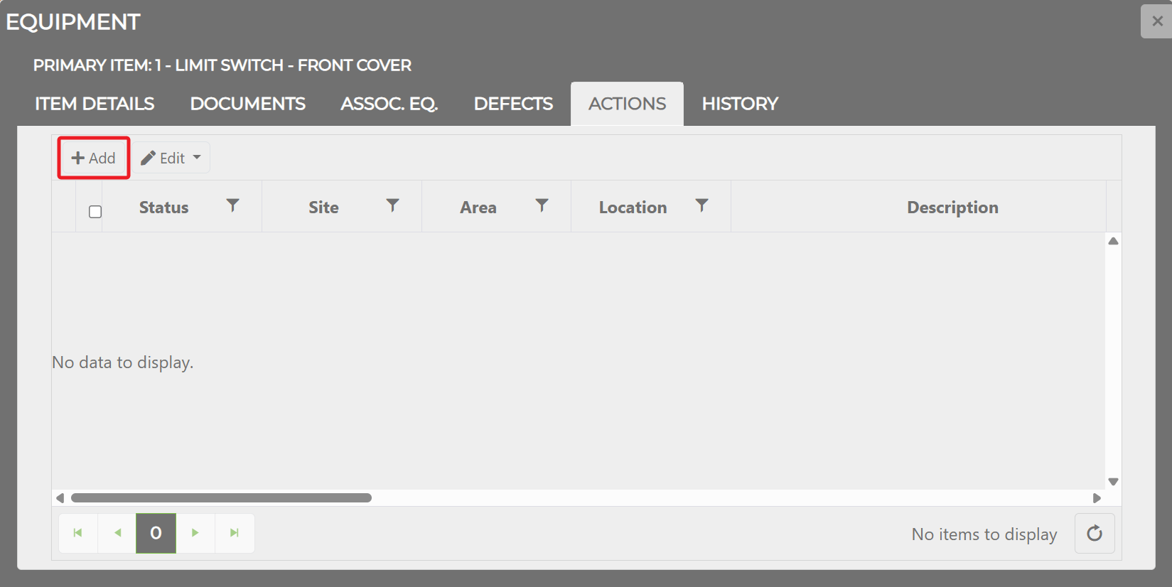 Equipment Window Actions tab — click + Add