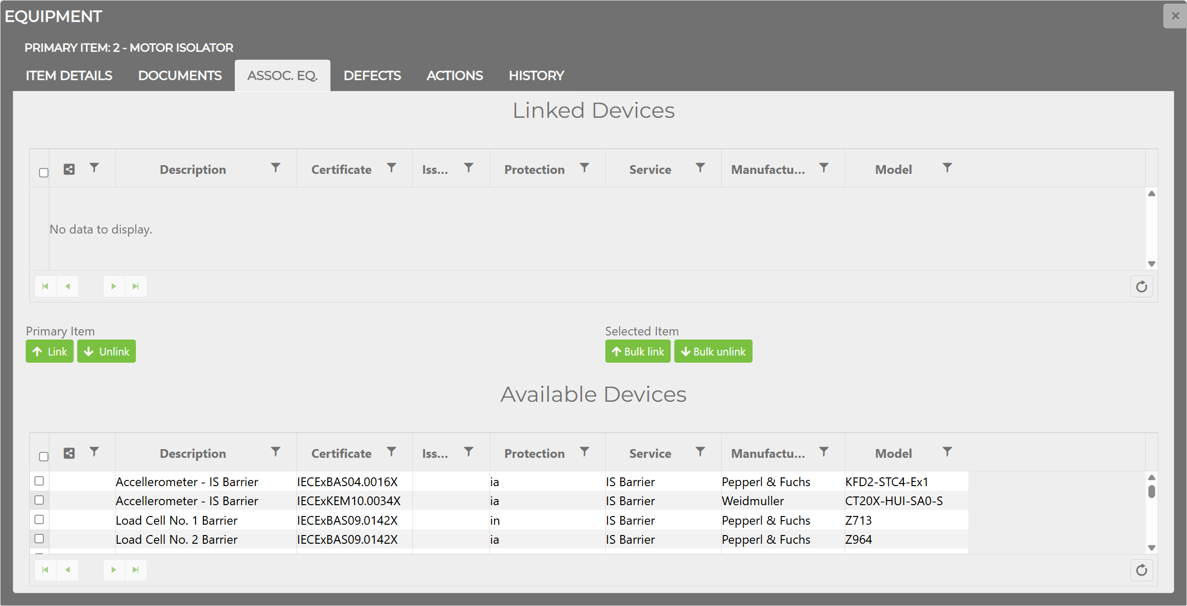 Associated Equipment tab