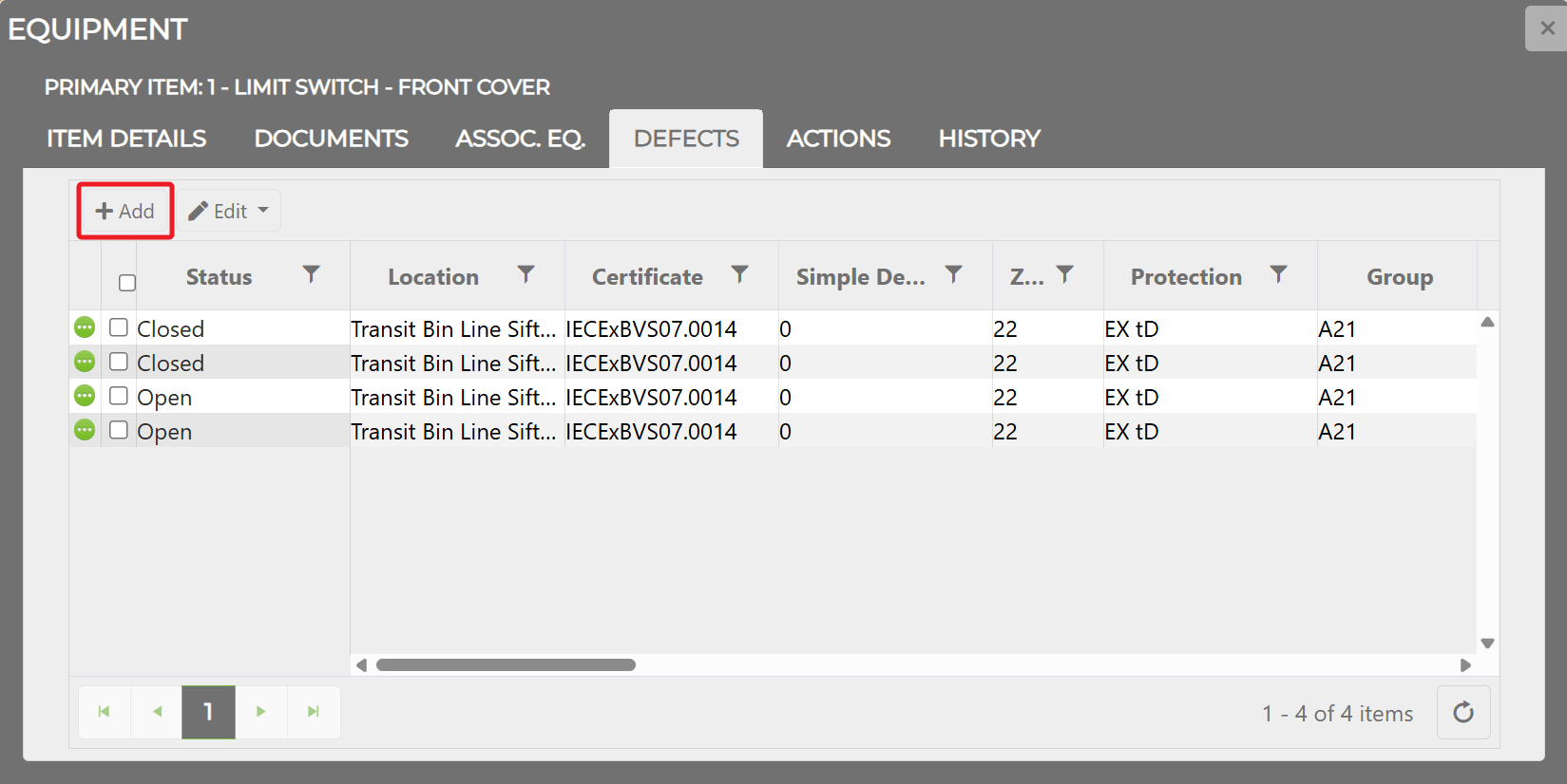 Equipment Window Defects tab — click + Add