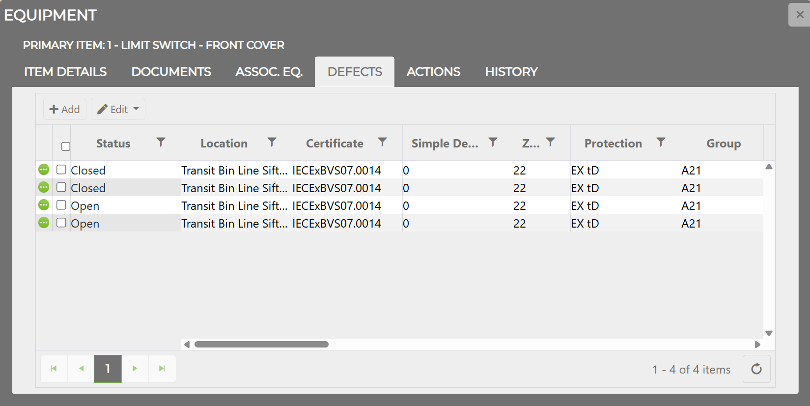 Defects tab